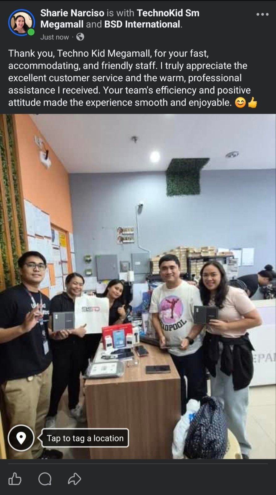 Customer Facebook review thanking BSD International and TechnoKid SM Megamall for excellent service