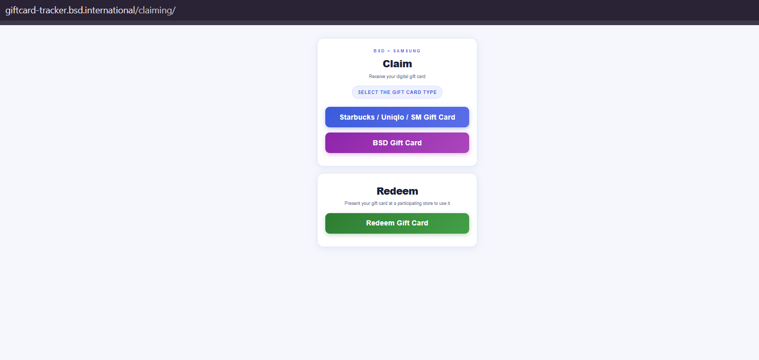 Claim and Redeem screen for gift cards