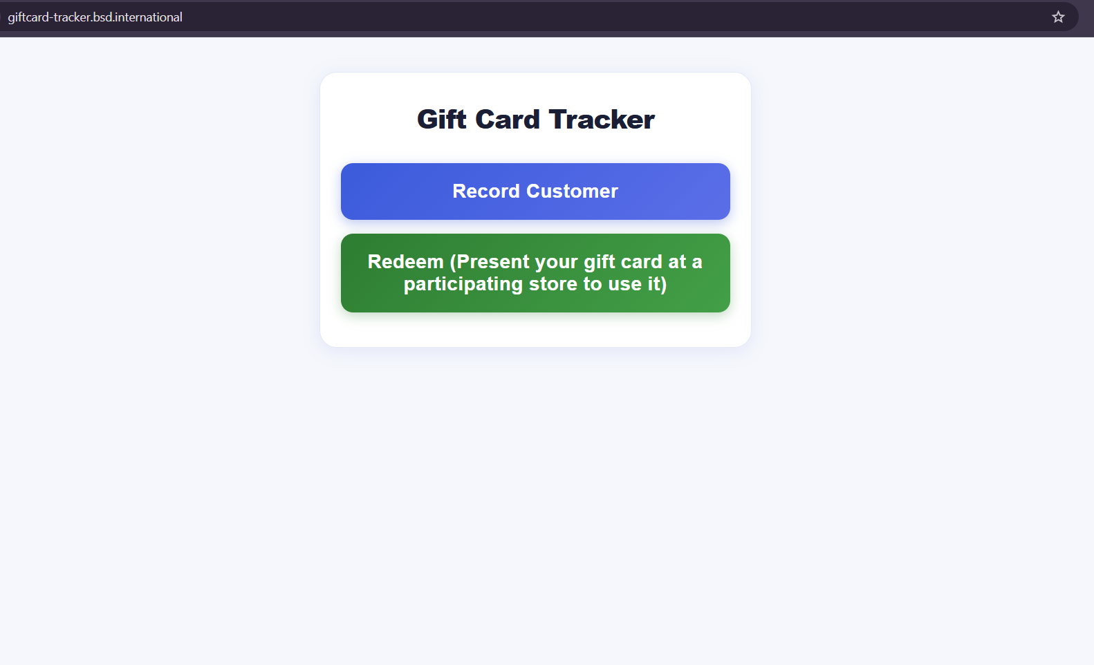Gift Card Tracker home screen with Record Customer and Redeem options