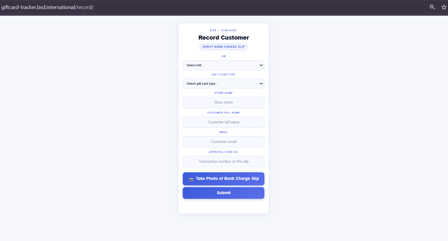 Record Customer form for BSD x Samsung gift card tracker