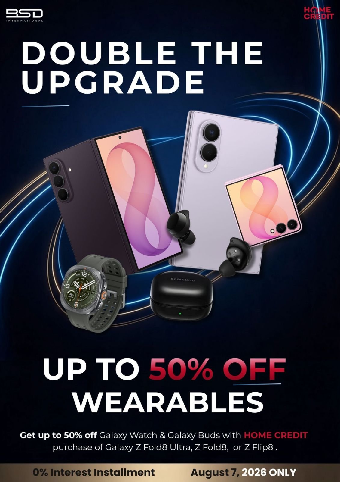 Double the Upgrade key visual — up to 50% off Galaxy Watch and Buds with Home Credit on Z Fold8 Ultra, Z Fold8, or Z Flip8