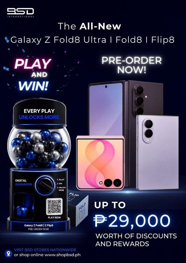 Pre-order Play and Win key visual for the Galaxy Z Fold8 Ultra, Fold8, and Flip8 with Digital Gashapon