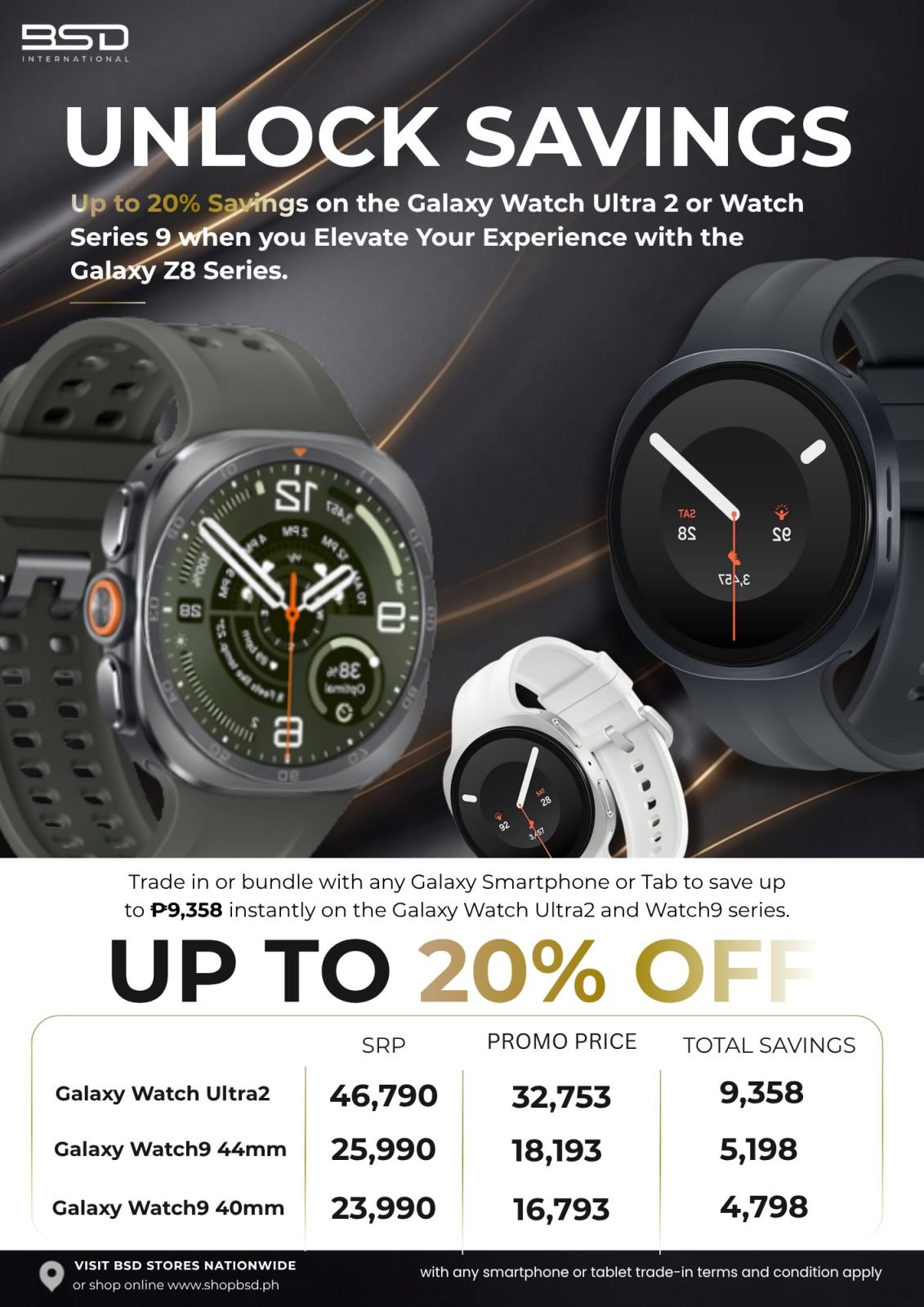 Unlock Savings key visual — up to 20% off Galaxy Watch Ultra2 or Watch9 with the Galaxy Z8 Series