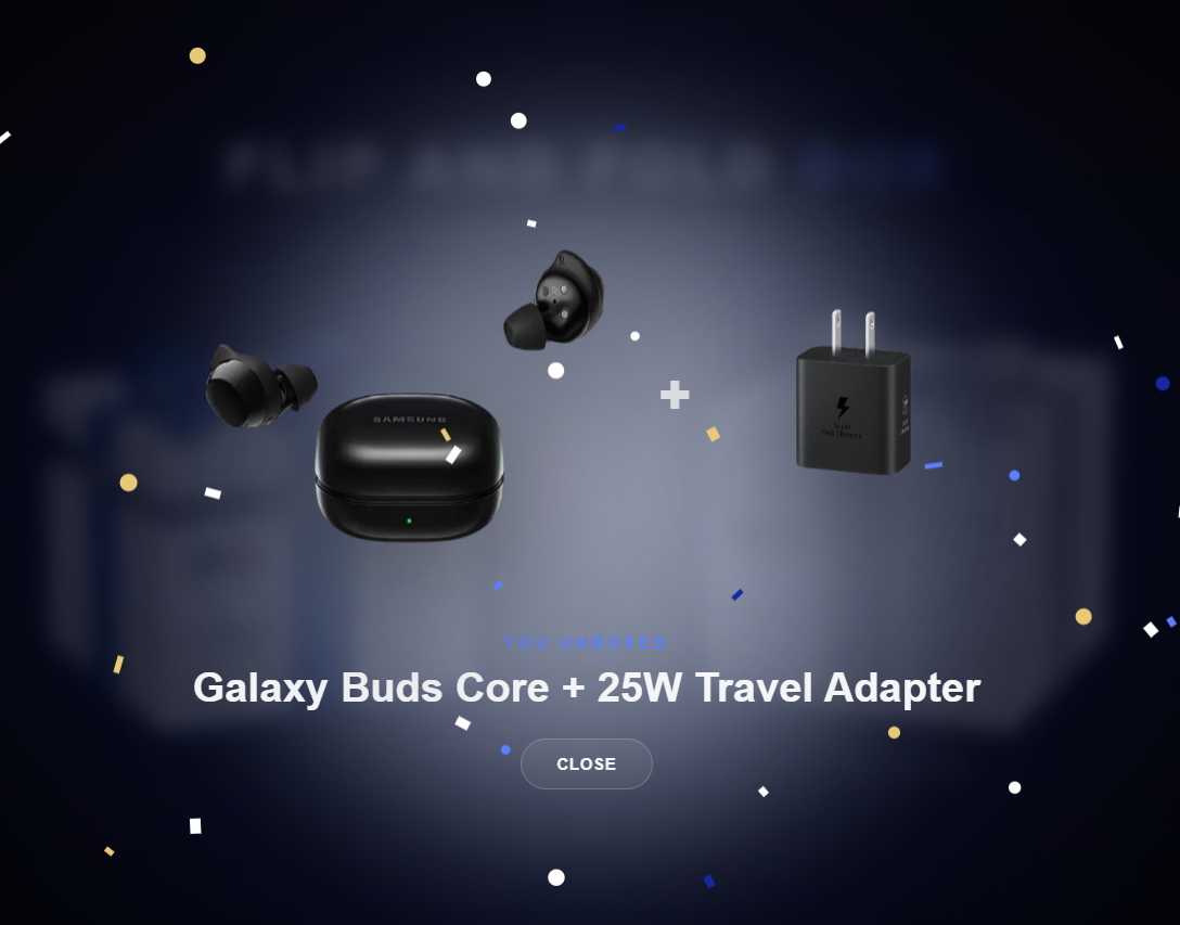 Digital Mystery Box unboxed prize — Galaxy Buds Core plus 25W Travel Adapter