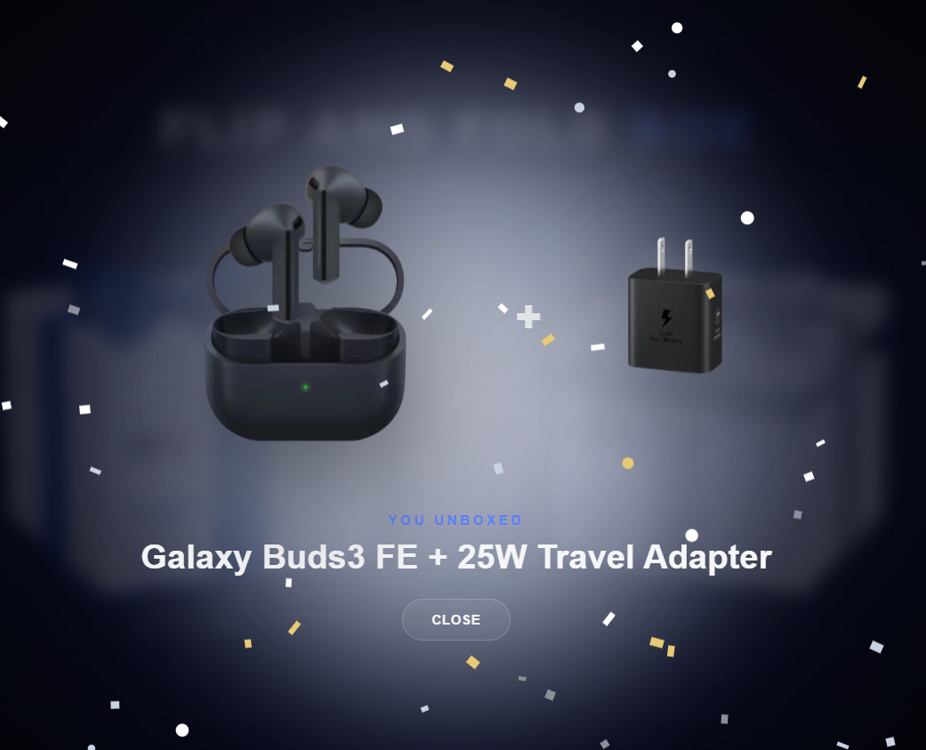 Digital Mystery Box unboxed prize — Galaxy Buds3 FE plus 25W Travel Adapter